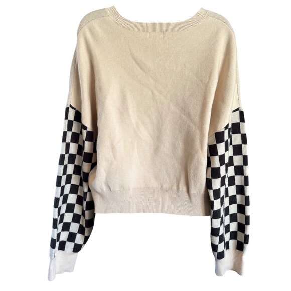 Originality Smiley Face Sweater XL Y2K Retro Checker Sleeves Beige Knit Pullover - Picture 2 of 6